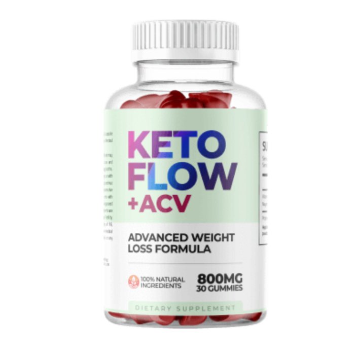Bottle of Keto Flow + ACV Gummies dietary supplement for weight loss with 800mg of natural ingredients per serving.